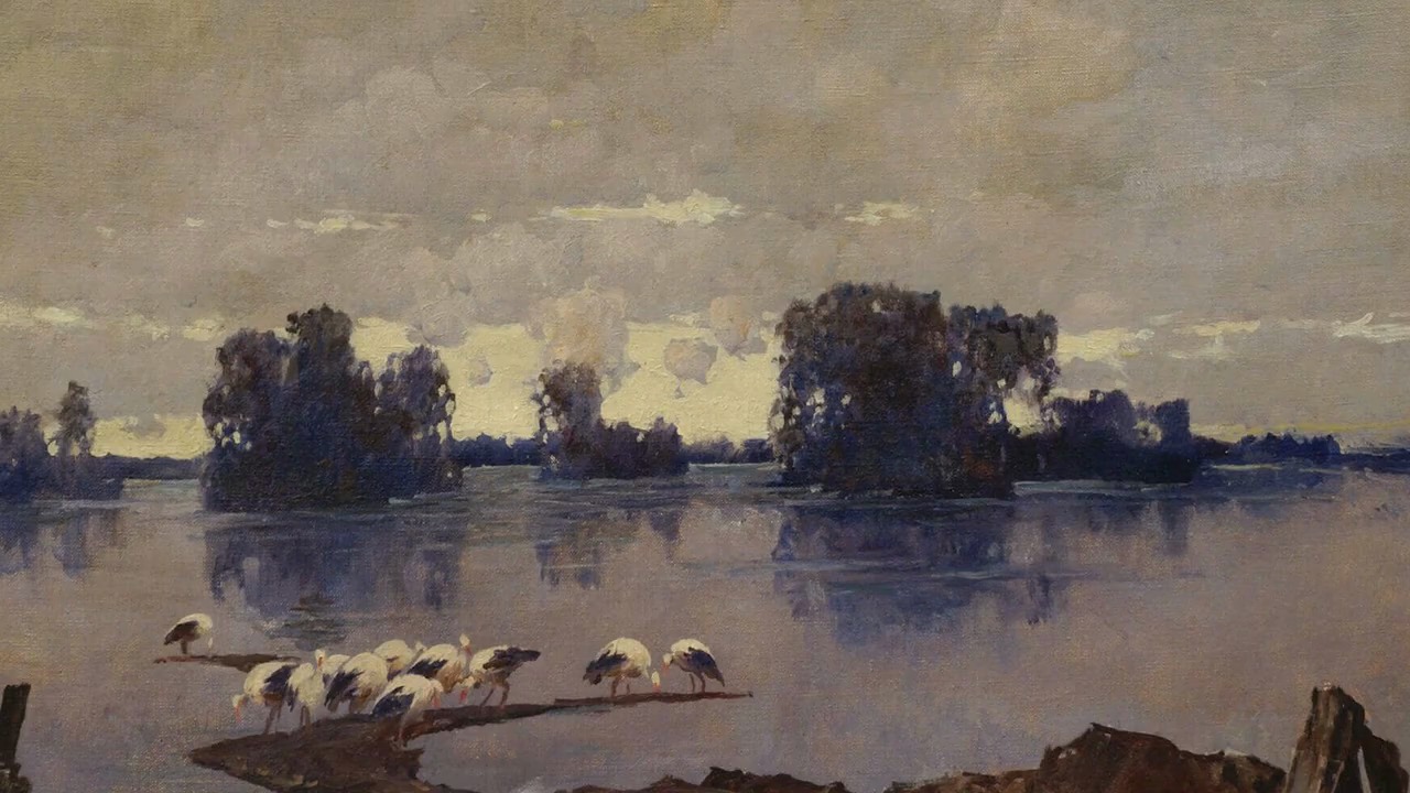 A muted river landscape with birds gathered on a dark spit of land, a video still from the Stepan Kolesnikov conversation