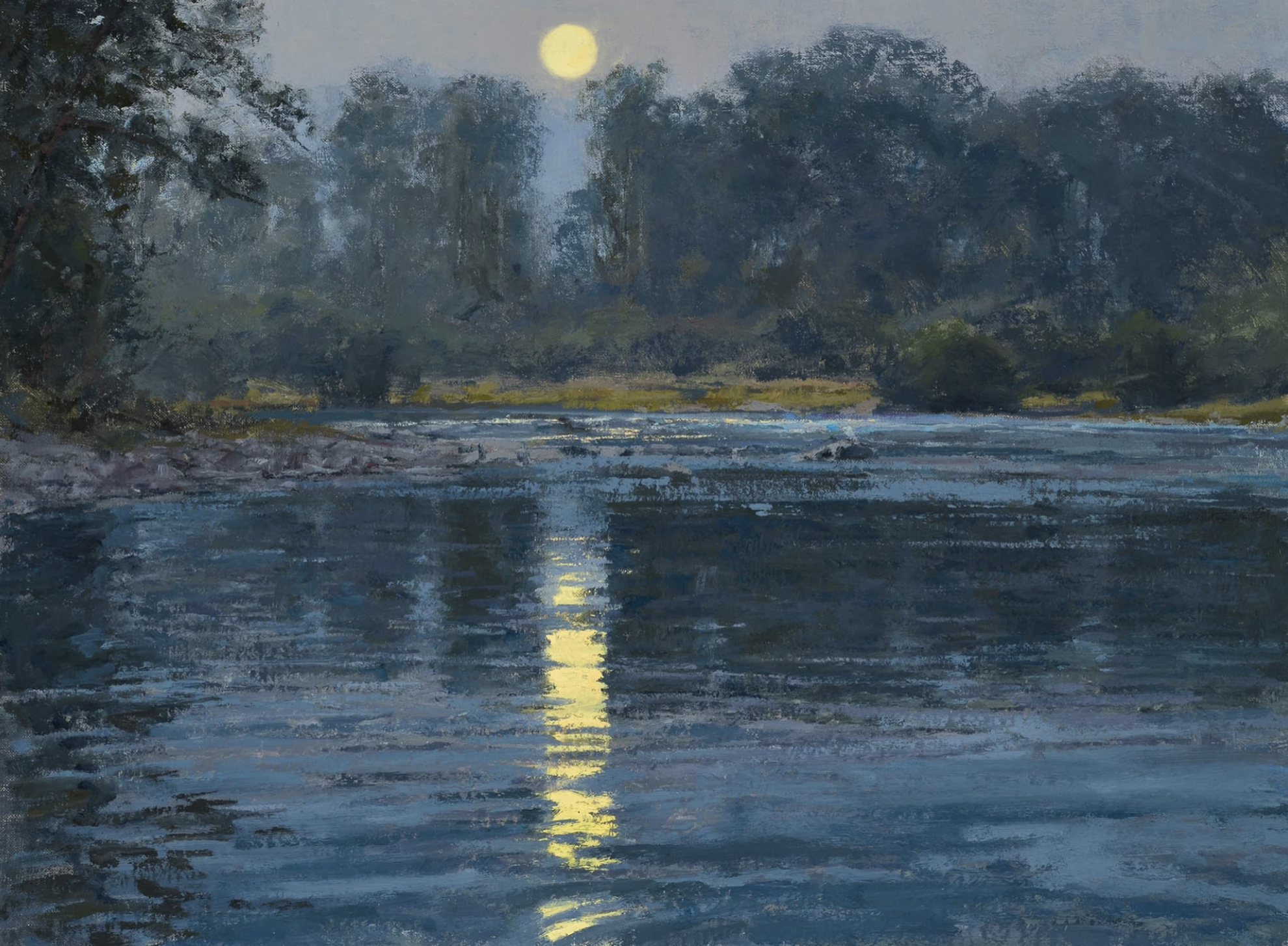 Moonlit river landscape with a yellow moon reflected on blue water, painted by Skip Whitcomb